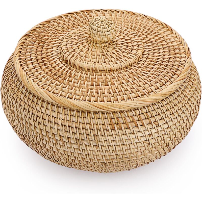 panier de rangement en rotin panier avec couvercle boîte décorative organisateur pour étagère, maison, cuisine (22x13cm)