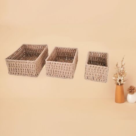 Panier de rangement en rotin - Set 3 paniers organisateurs tressés pour bureau et étagères
