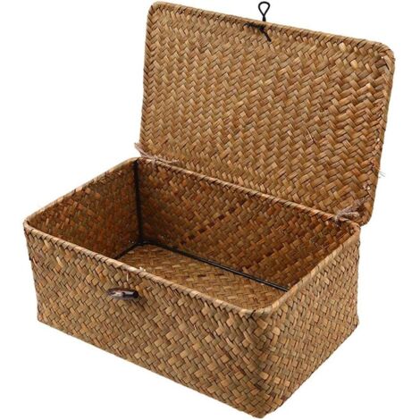 Panier de rangement en rotin tressé avec couvercle – Dimensions 29x19x12cm – Matériau jonc de mer sur cadre métallique
