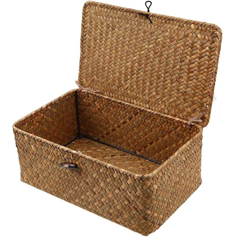 Panier de rangement en rotin tressé avec couvercle Paniers à linge en jonc de mer Organisateur de maquillage pour salle de bain, salon, cuisine