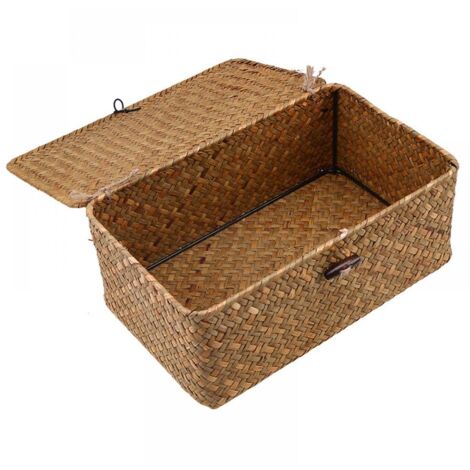 Panier de rangement en rotin tressé, boîte de rangement avec couvercle - Panier de rangement en rotin tressé, boîte de rangement avec couvercle