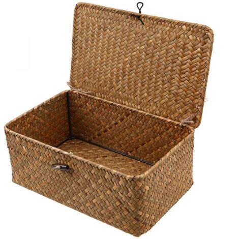 Panier de rangement en rotin tressé, boîte de rangement avec couvercle - Panier de rangement en rotin tressé, boîte de rangement avec couvercle