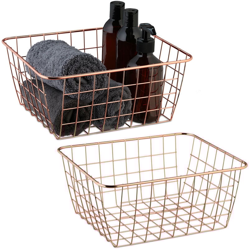 Panier de rangement, lot 2, rectangulaire, métal, hlp : 12 x 27,5 x 22,5 cm, cuisine et salle bain, or rose - Relaxdays