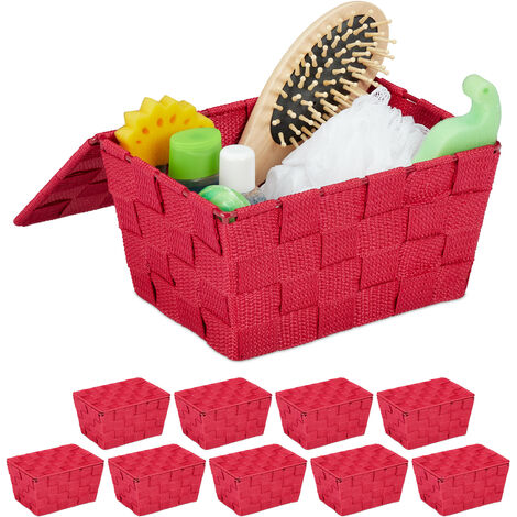 Panier de rangement, lot de 10, avec couvercle, aspect tressé, organiseur salle de bain, 10,5 x 19,5 x 14,5 cm, bordeaux
