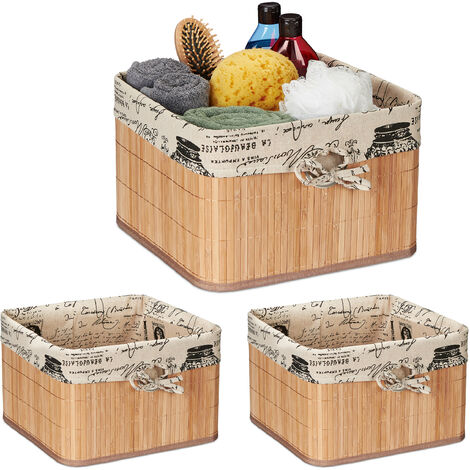 Panier de rangement, lot de 3, bambou et polyester, HLP: 20x31x31 cm, corbeille à poignée, boîte d’étagère, nature/crème