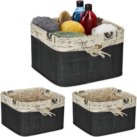 Panier de rangement, lot de 3, bambou et polyester, HLP : 20x31x31 cm, corbeille à poignée, boîte d’étagère, noir-crème