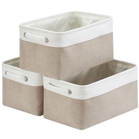 Panier de Rangement Lot de 3, boites de Rangement en Tissu avec Poignée pour Étagères, Placard, Jouets (Pliable, Blanc Kaki Clair)