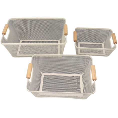 Panier de Rangement Métallique 3 Pièces Grande Capacité pour Livres, Maquillage ou Snacks - Blanc