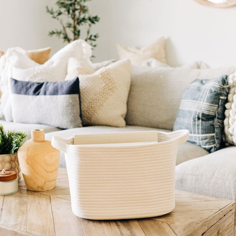 Panier de rangement pour salle de bain, panier en corde de coton tissée, convient à la décoration de la chambre, peut contenir des livres et des