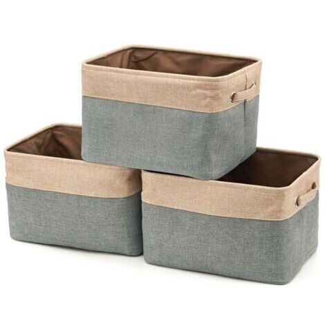 Panier de rangement pliable en lin avec poignées - Lot de 3 (gris/beige)
