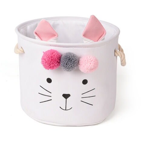 Panier de rangement pliable en tissu, petite boîte ronde avec fermeture à cordon et poignée, blanc, pour vêtements et jouets.