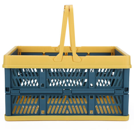 Panier de rangement pliable pour vêtements avec poignée, idéal pour la cuisine et la chambre, bleu et jaune.