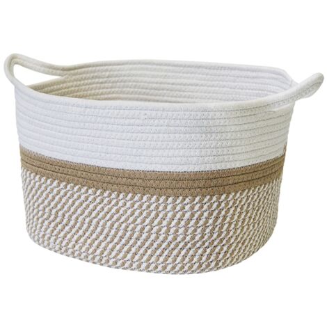 Panier de rangement poignées coton naturel et blanc 34 x 28 x 24 cm