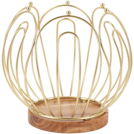 Panier de rangement pour capsules de café avec socle en bois et structure métallique dorée - Organiseur moderne pour comptoir (base solide, capacité 25 capsules)