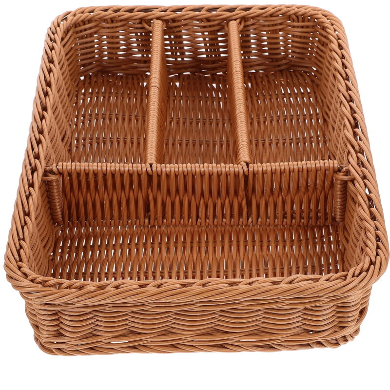 Panier de rangement pour couverts en maille tissée imitation 4 compartiments fourchettes de cuisine couteaux plateau de rangement en rotin