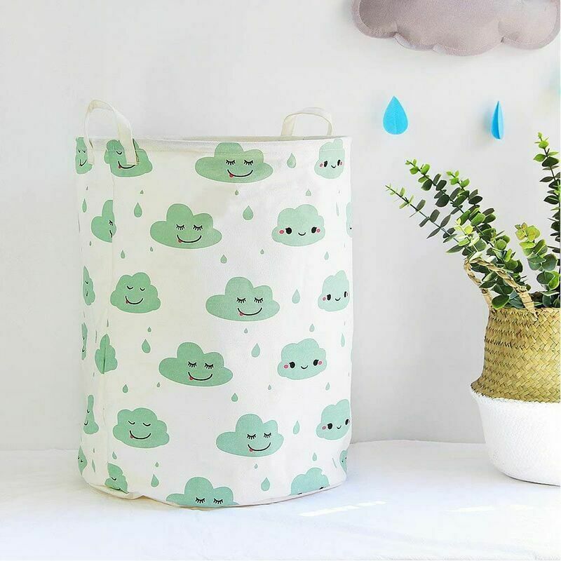 Panier de Rangement pour Jouets pour Enfants Grand Panier à Linge Pliable en Coton avec Poignée - Vert Nuages Blanc