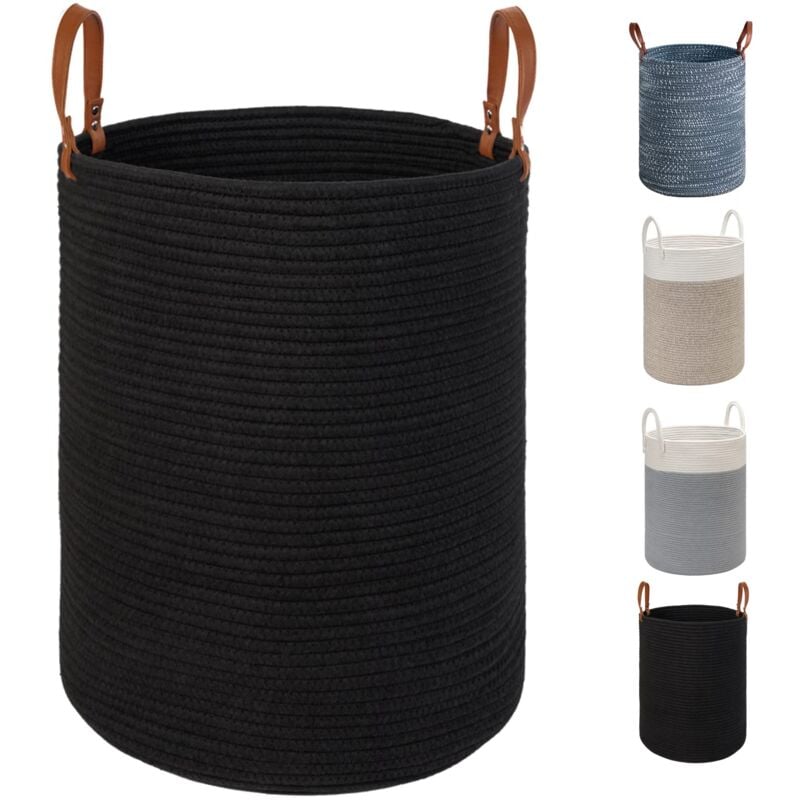 Panier de Rangement pour Linge X-Large - 15.7 Pouces(D) x 19.7 Pouces(H) -Panier tissé en Corde de Coton Pliable avec poignées en Cuir pour Ranger