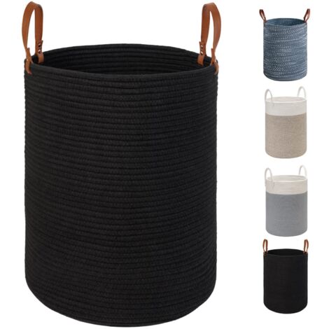Panier de Rangement pour Linge X-Large - 15.7 Pouces(D) x 19.7 Pouces(H) -Panier tissé en Corde de Coton Pliable avec poignées en Cuir pour Ranger Les vêtements, Les Couches, Les Jouets(Noir)
