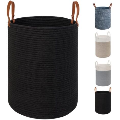 Panier de Rangement pour Linge X-Large - 15.7 Pouces(D) x 19.7 Pouces(H) -Panier tissé en Corde de Coton Pliable avec poignées en Cuir pour Ranger Les vêtements, Les Couches, Les Jouets(Noir)