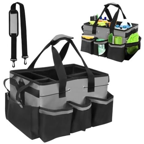 Panier de rangement pour produits de nettoyage avec poignée, sac de rangement avec bandoulière réglable pour organiser les produits de nettoyage, pour le ménage et le rangement dans la voiture (gris)