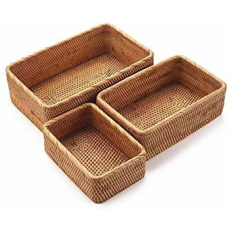 Panier de Rangement Rectangulaire en Rotin, Corbeille de Fruits en Osier, Organisateur Tressé Naturel pour Cuisine/Salle à Manger (lot de 3)