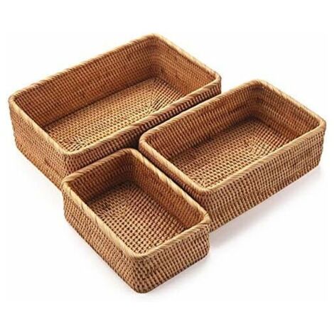 Panier de rangement rectangulaire en rotin – Lot de 3 paniers tressés – Dimensions : 30x19,5x10 cm, 25x16,5x8,4 cm, 20x13x7 cm – Pour fruits et pain
