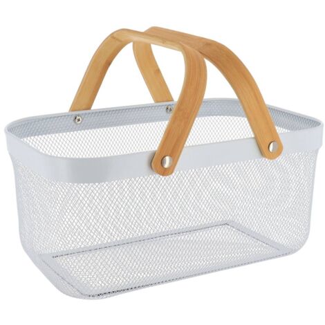 Panier de rangement rectangulaire metal et poignees bambou - blanc - Tendance