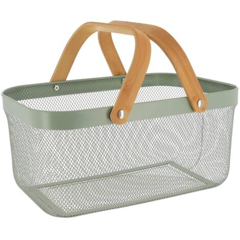 Panier de rangement rectangulaire metal et  poignees bambou - vert kaki - Tendance