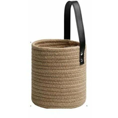 Panier de rangement suspendu en jute –Corde tressée naturelle –Poignées en cuir véritable –16 x 16 x 18 cm –1 pièce