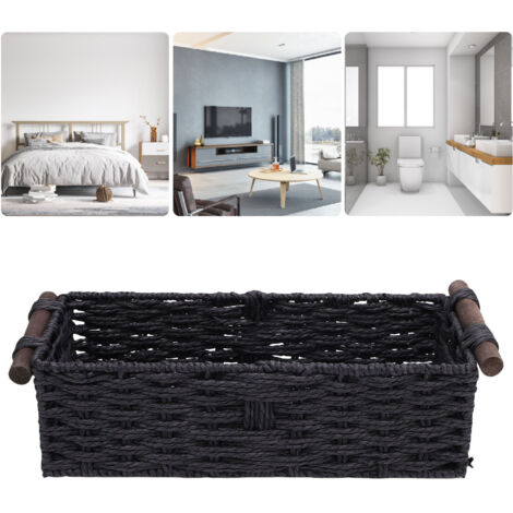 Panier de rangement toilette à corde papier tissé avec poignées bois décoratif noir