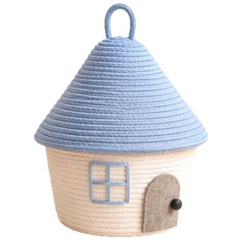 Panier de rangement tressé avec couvercle, design maison anti-poussière, rangement cosmétiques et petits objets, couleur bleu ciel et blanc