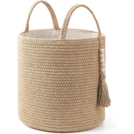 Panier de rangement tressé en corde de coton avec doublure, panier à linge sale, petit modèle
