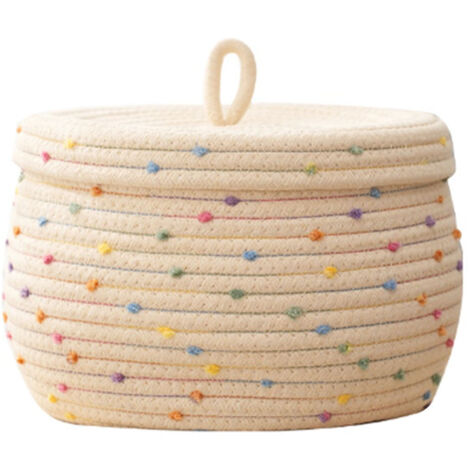 Panier de rangement tressé en corde de coton, décoré de pois ronds et colorés, grande capacité avec couvercle, idéal pour ranger le linge, les serviettes, les jouets, les œufs, les petits objets, beig