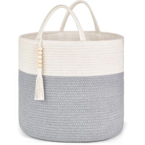 Panier de rangement tressé, gris et blanc, 1 pièce, 383845cm, décoré de corde naturelle, pour le salon et la décoration intérieure.