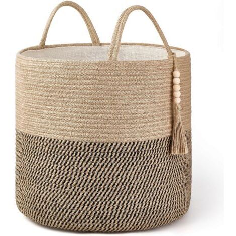 Panier de rangement tressé noir et jaune chanvre, 1 pièce, 383845cm, décoré de corde naturelle, pour le salon et la décoration intérieure.