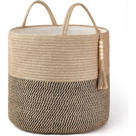 Panier de rangement tressé noir et jaune chanvre, 1 pièce, 383845cm, décoré de corde naturelle, pour le salon et la décoration intérieure.