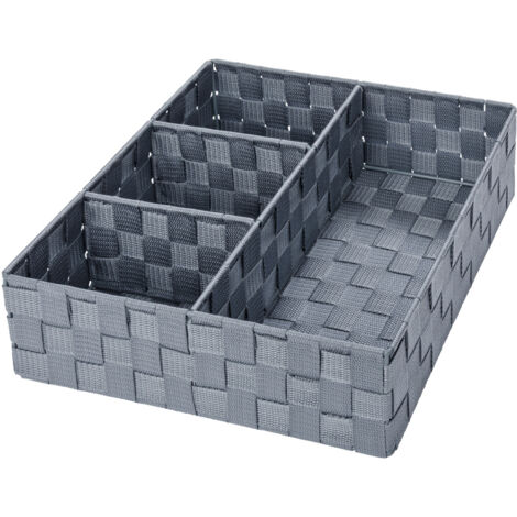 Panier de rangement WENKO Adria Gris 4 Compartiments 32x10x32 cm Organisateur salle de bain en plastique avec 3 petits et 1 grand compartiment pour rangement cosmétiques et accessoires de bain