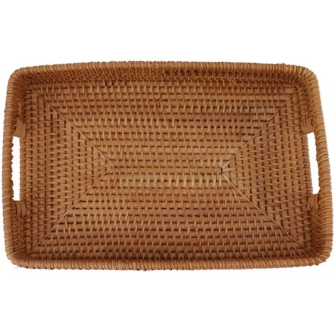 Panier de Service en Rotin avec Poignées, Plateau Rectangulaire Grande Capacité pour Fruits, Desserts, Cuisine et Maison