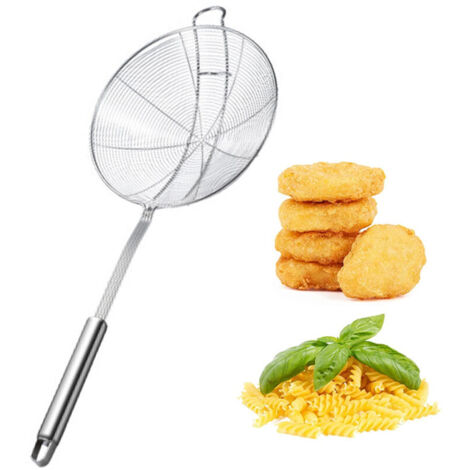 Panier écumoire solide en acier inoxydable avec long manche et double crochet, passoire de cuisine pour friture, cuisson à la vapeur
