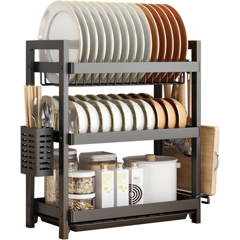 Panier égouttoir d'évier, Égoutoire Vaisselle Cuisine 3 Niveaux, Support à Couverts avec Égouttoir, Noir Panier égouttoir d'évier