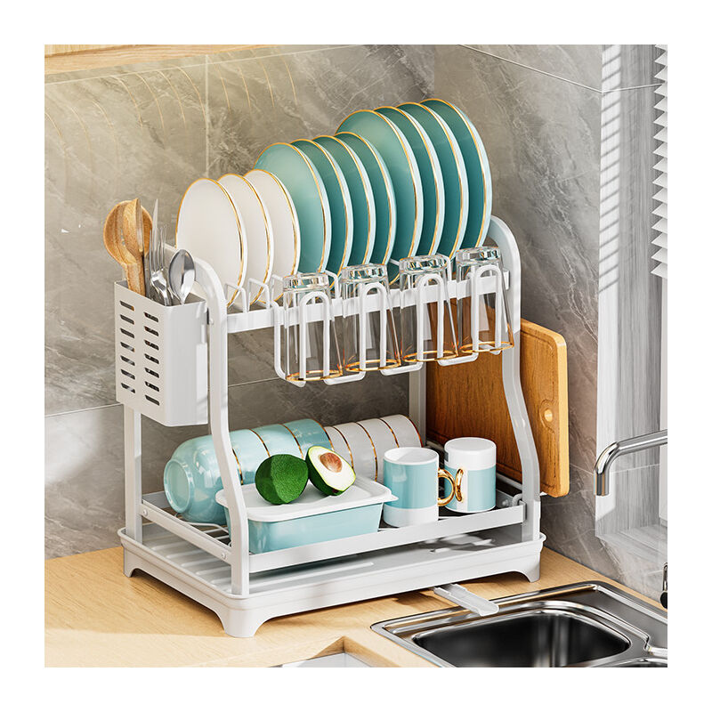 Panier égouttoir d'évier Grand égouttoir à vaisselle blanc sur évier, 2 niveaux, avec égouttoir et porte-couverts pour la vaisselle