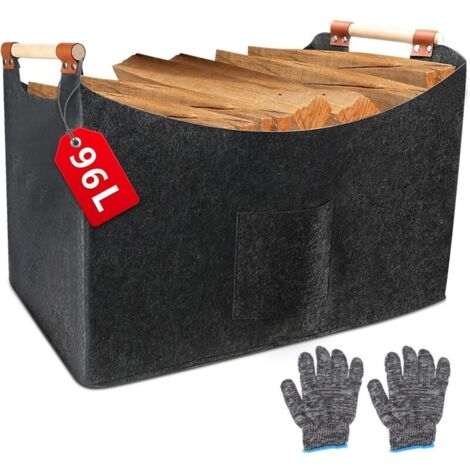 Panier en bois de cheminée XXL en feutre (96 l, 60 x 40 x 40 cm), panier pliable avec poignée en bois