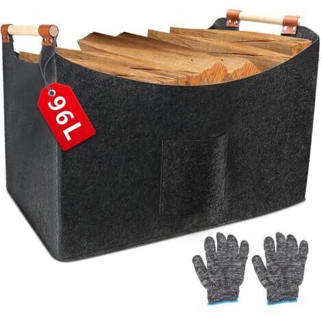 Panier en bois de cheminée XXL en feutre (96 l, 60 x 40 x 40 cm), panier pliable avec poignée en bois