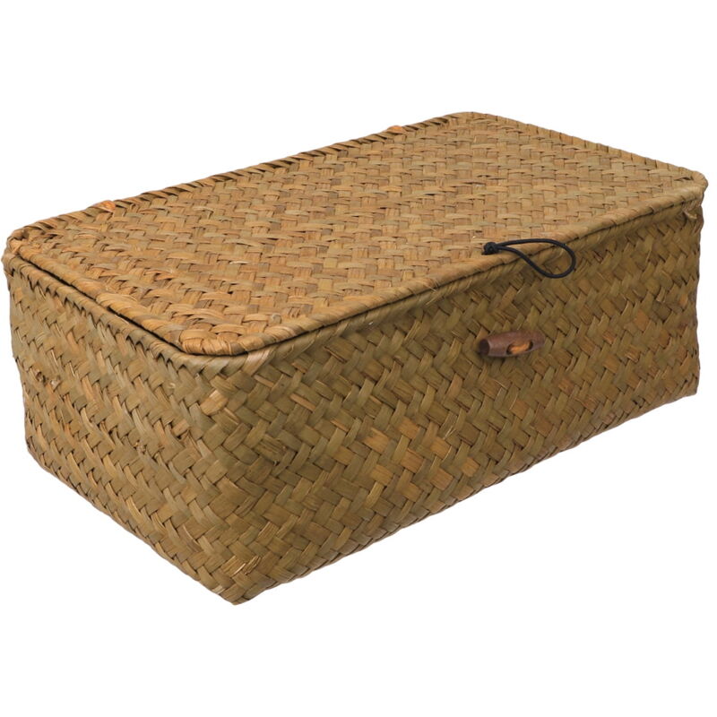 Panier en paille tressé avec couvercle Panier en rotin tressé pour vêtements de bureau Boîte de rangement pour chambre à coucher Décoration