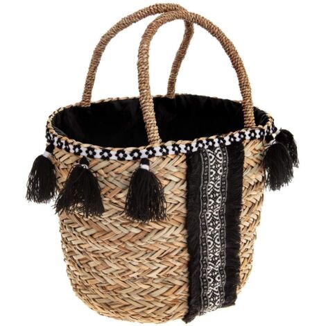 Panier en roseau avec pompons, dimensions 41 x 20 x 30 cm, couleur noire, livraison gratuite