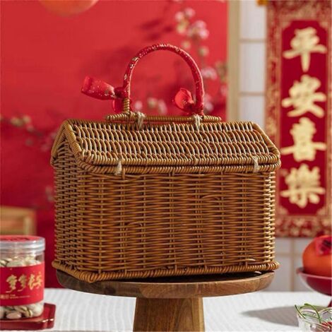 Panier en rotin en forme de maison avec couvercle, panier en osier de récolte