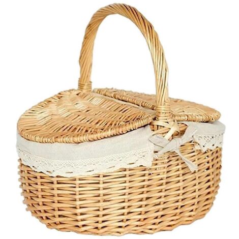 Panier en rotin tressé fait main, avec couvercle et poignée, sac de rangement portable pour barbecue, pique-nique et fêtes. Idéal pour ranger accessoires BBQ, décor bohème.