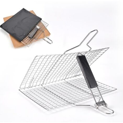 Panier Grille Barbecue, Grille de Cuisson en Acier Inoxydable pour Camping avec Poignée en Bois