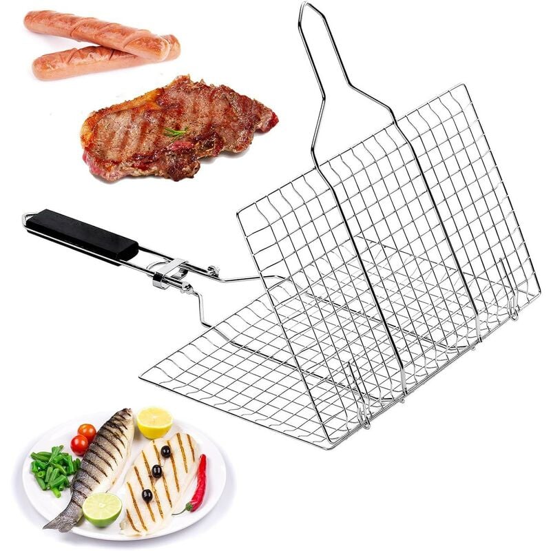 Panier Grille de barbecue, Panier à Poisson pour grillades, Avec poignée, acier inoxydable, portabilité