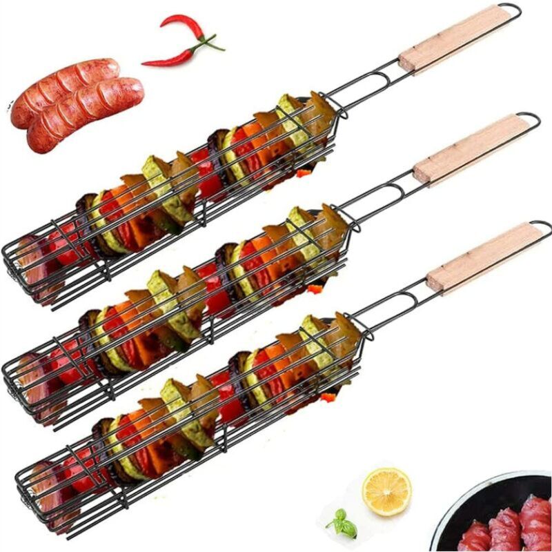Fei Yu - Panier Grille pour Barbecue Anti-Adhésifs, Paniers à Brochettes, Brochettes pour Barbecue pour Légumes ou Crevettes (3Pcs)